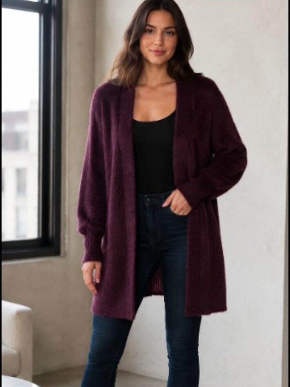 NWOT Express Plum Fuzzy Soft Open Front Cardigan Sweater Size M (runs large)